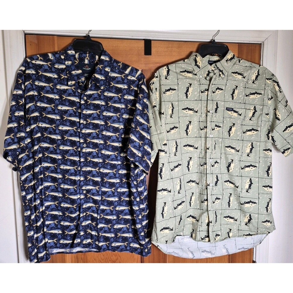 Ivy Crew Fishing Shirts Mens Large Lot of 2 Mahi Mahi Rayon & Bass Cotton S/S